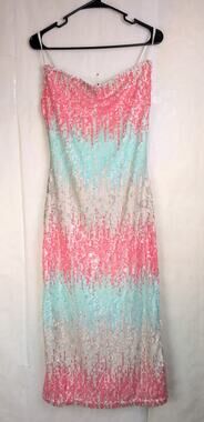 Luna pink green ombre pipette sequin midi dress Size Med Glam Cocktail Party